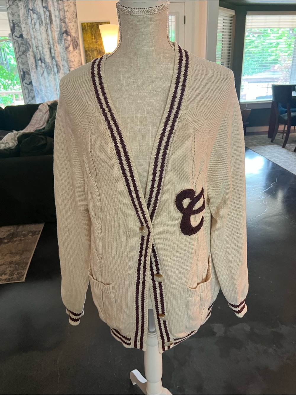 Forever 21 Cream Knit Cardigan with Wine Stripe Detail